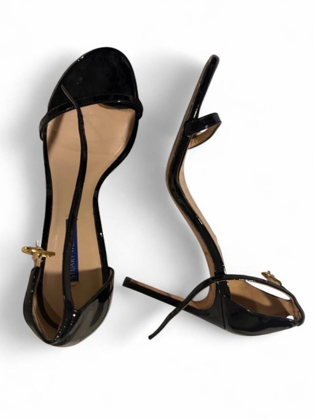 Stuart Weitzman Black Patent Leather Stiletto Sandals with Gold Buckle